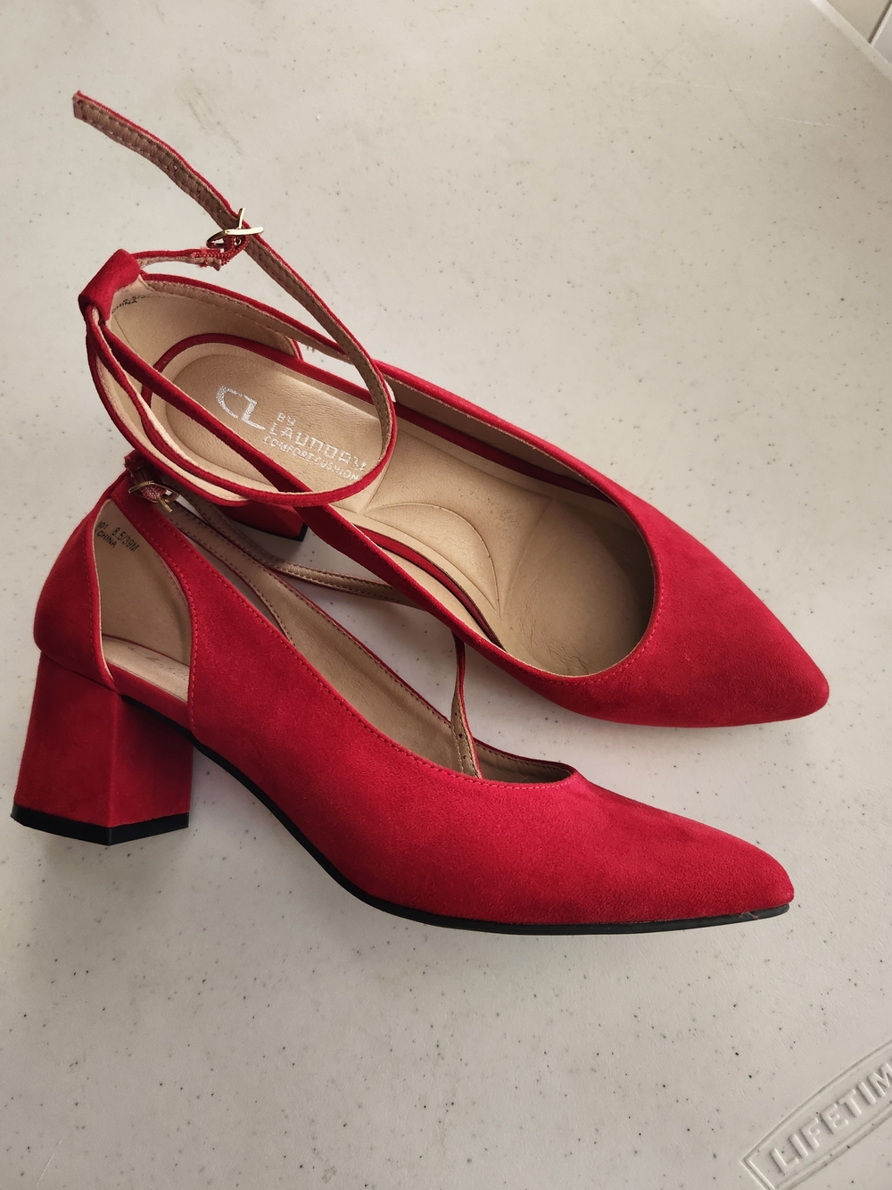 CL by Laundry Red Suede Pointed-Toe Ankle Strap Block Heels